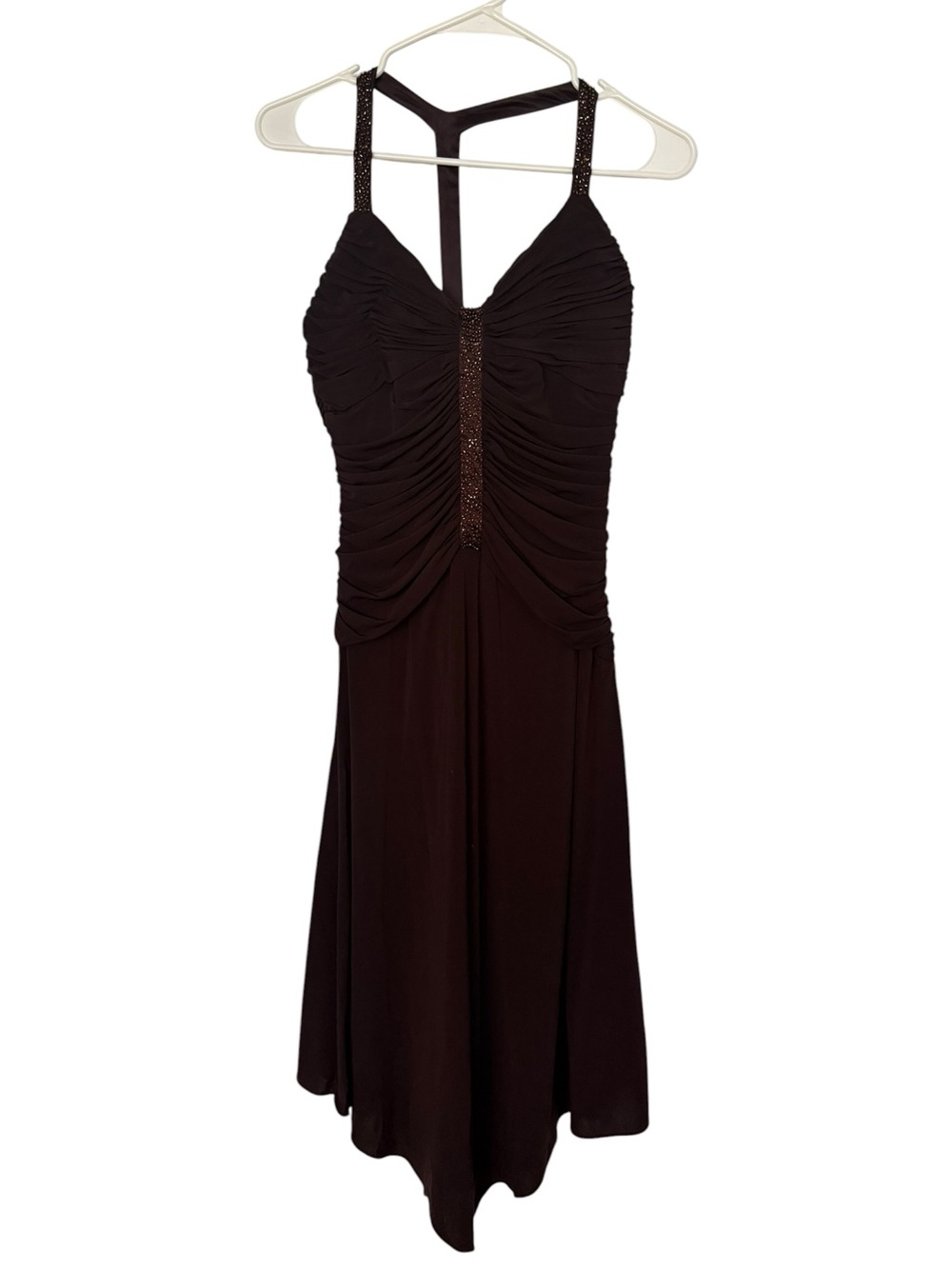 Y2K Laundry By Shelli Segal Chocolate Brown Ruched Beaded Halter Open Back Dress